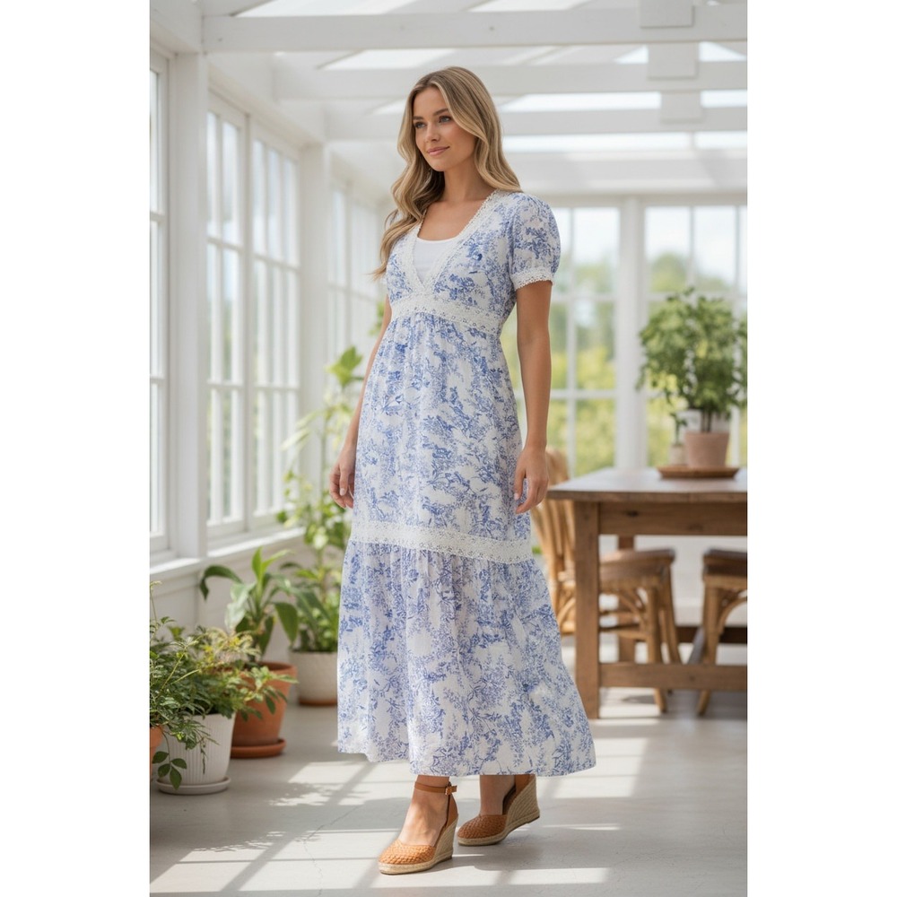 Blue White Toile Cottagecore Lace Trim Tiered Maxi Dress Puff Sleeve S NWOT